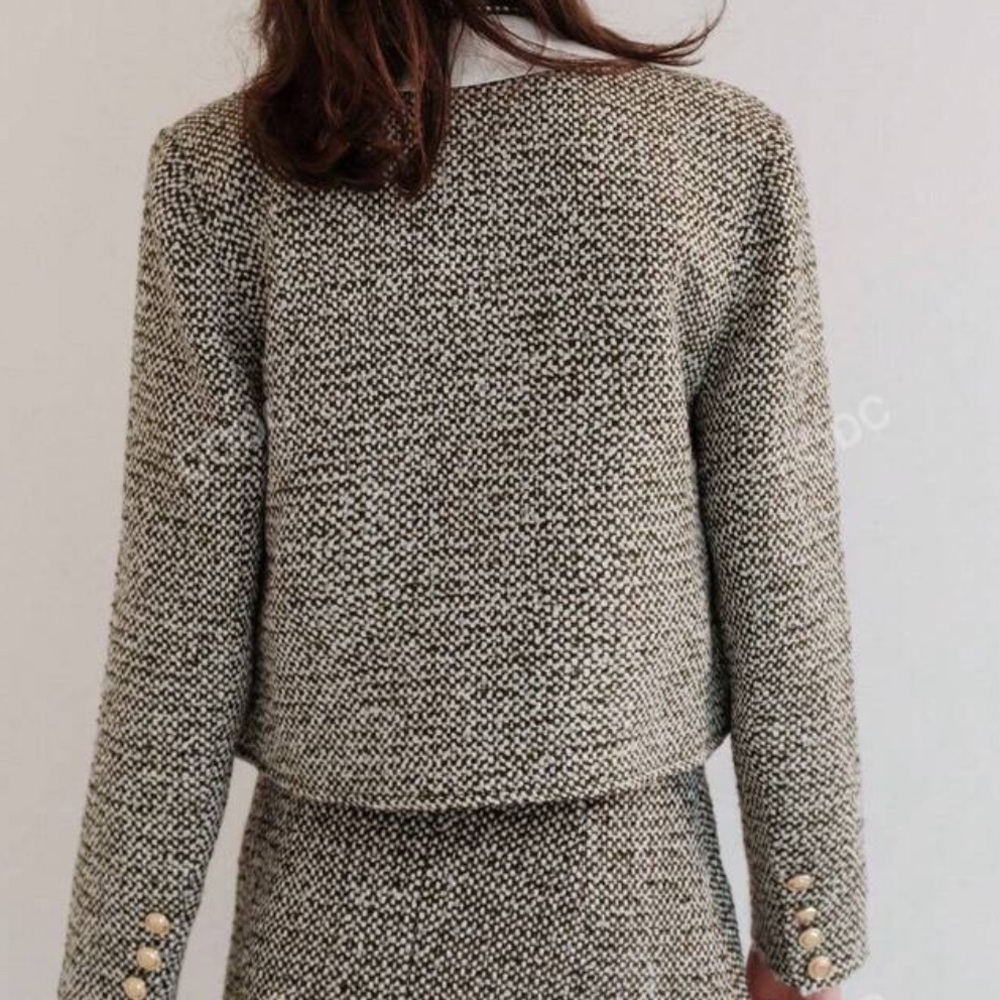 2 piece set- Green/ivory tweed textured collarless blazer cardigan & mini skirt - Picture 9 of 16